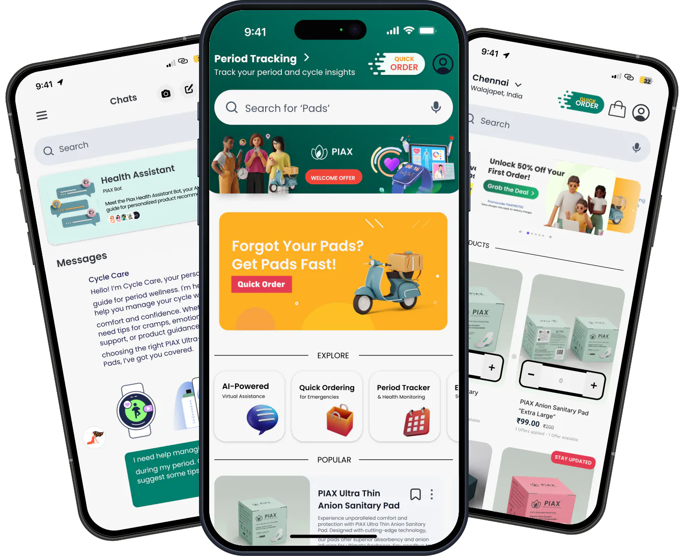 The PIAX app on three phones: chat with the PIAX health assistant, period tracking with quick ordering, and the PIAX pad shop
